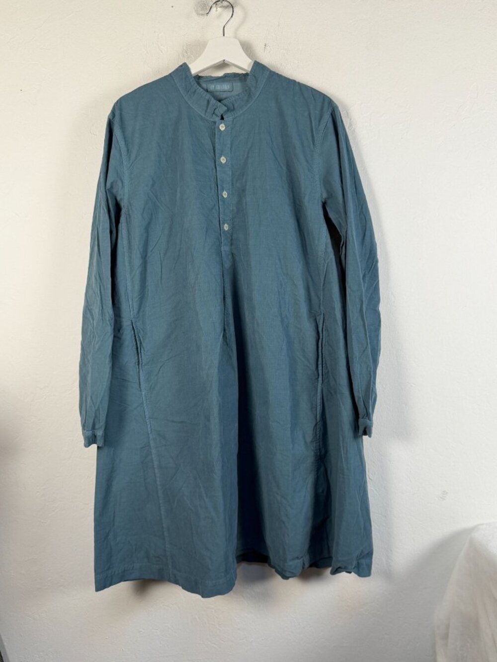 Limited CP Shades Blue Corduroy Mandarin Collar Shirt Dress Large Side Pockets